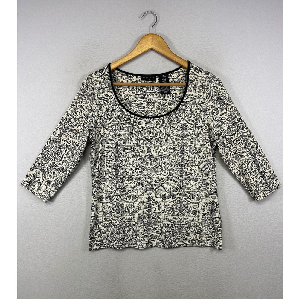 Office‎ Core Apostrophe Womens M Petite Black White Damask 3/4 Sleeve Scoop Top